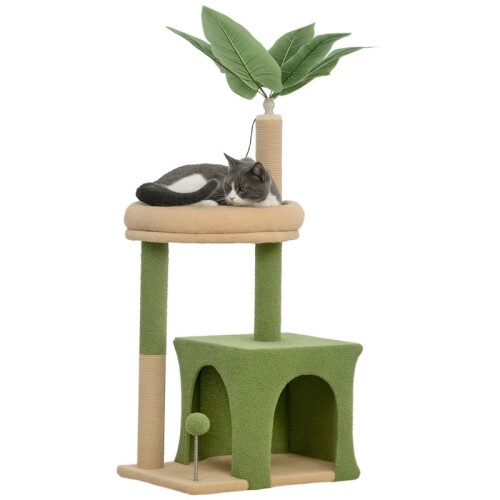 Arbre à chat avec maisonnette, panier et 2 balles, en bois et polyester, vert et marron