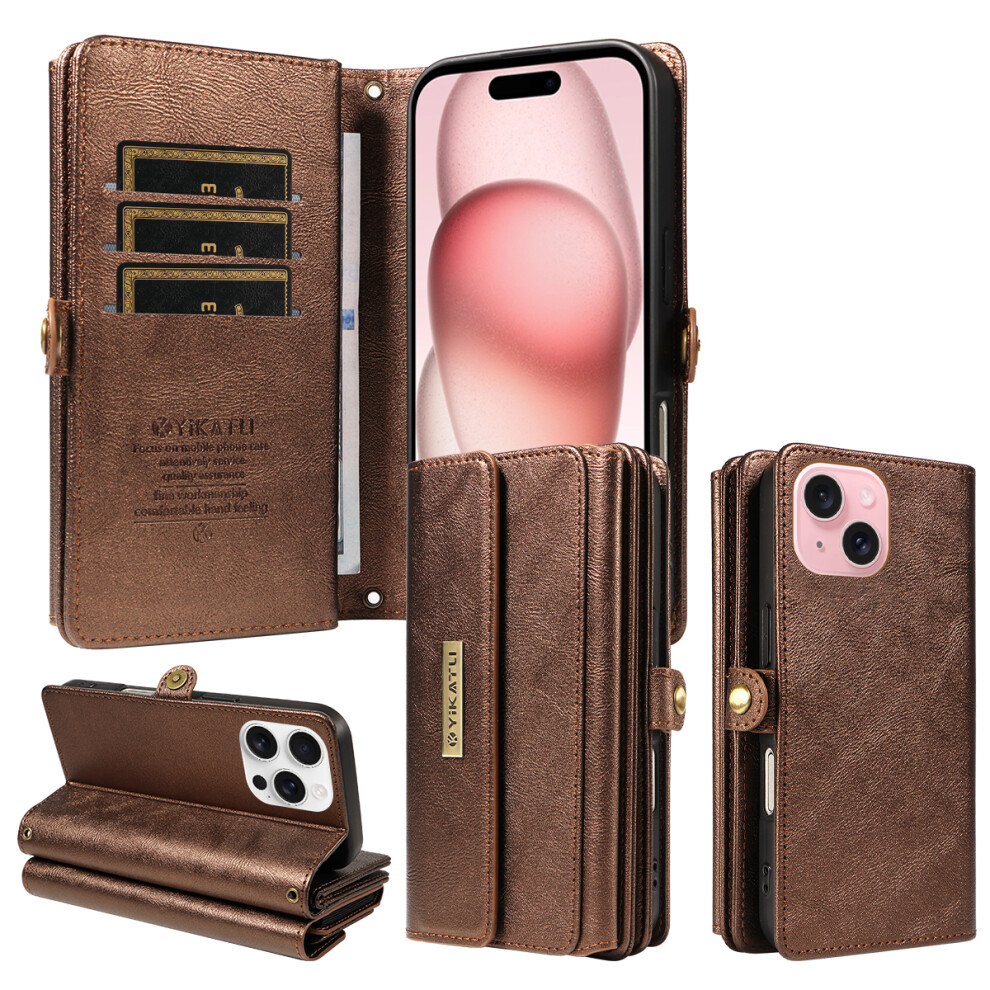 (Brown) Yikatu For Iphone 15 Case Yk-008 Zipper Wallet Leather Phone Cover With Shoulder Strap Brown 6914290977307