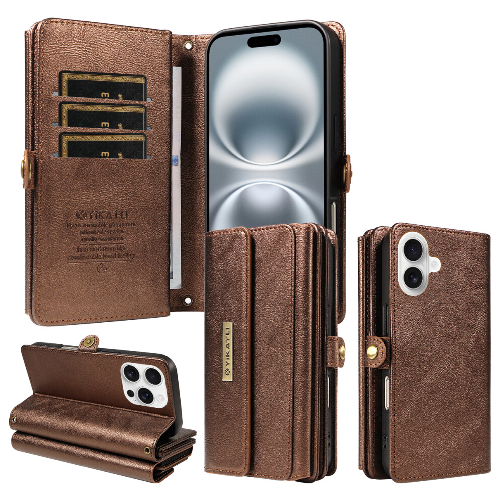 (Brown) Yikatu For Iphone 16 Case Yk-008 Zipper Wallet Leather Phone Cover With Shoulder Strap Brown 6914298560396