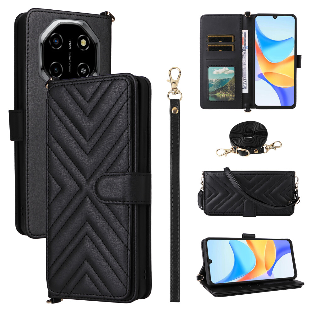 (Black) For View Shark 6 / Oscal Tiger 8 Case With Shoulder / Wrist Strap Leather Phone Cover Stand Wallet Black 6914299408154