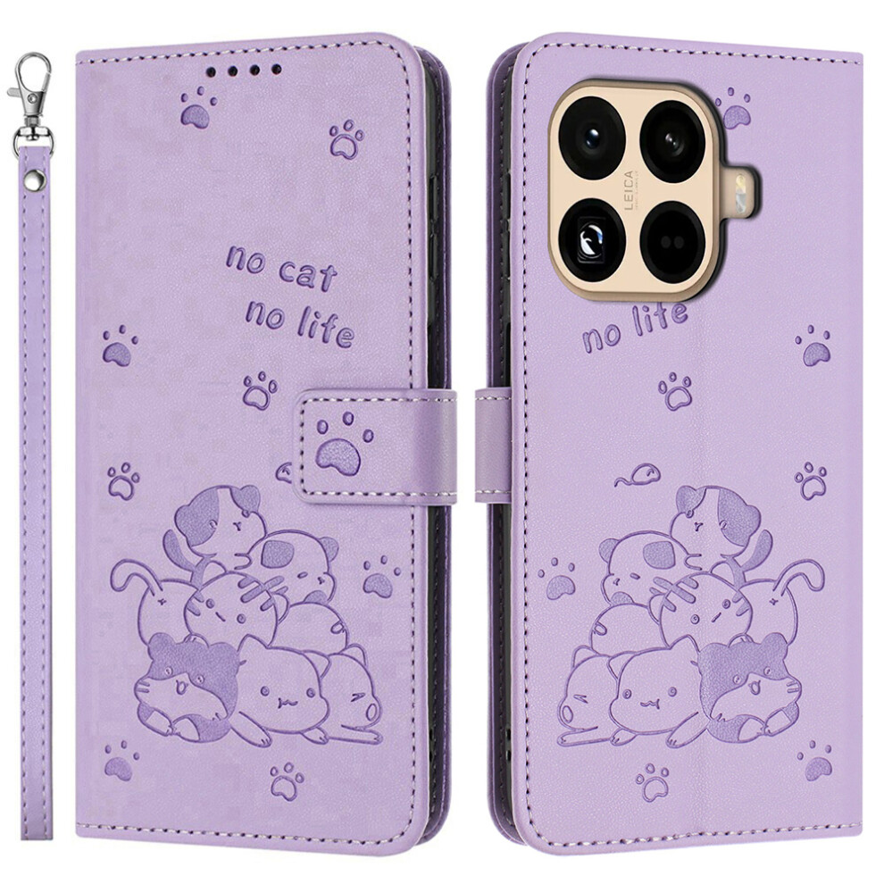(Purple) For Xiaomi 15T Wallet Case Cats Imprint Leather Phone Cover With Strap Purple 6914292681387