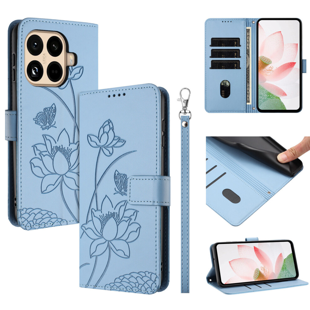(Blue) For Xiaomi 15T Pro Case Wallet Stand Lotus Imprint Leather Phone Cover With Wrist Strap Blue 6914297338637
