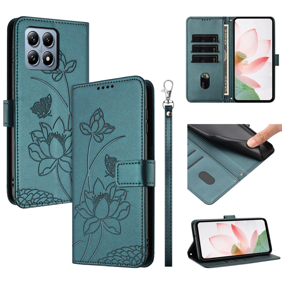 (Dark ) For Xiaomi 15T Case Wallet Stand Lotus Imprint Leather Phone Cover With Wrist Strap Green 6914291689704