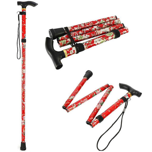 (PL) Height Adjustable Folding Cane,Walking Stick for w/ Pouch-Portable and Safe Walking Assistant for Elderly,Disabled, Preg  Red