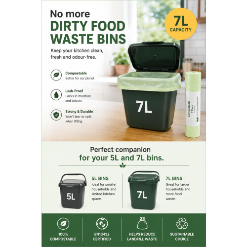 7L Compostable Food Waste Caddy Liners – Biodegradable Kitchen Bin 2