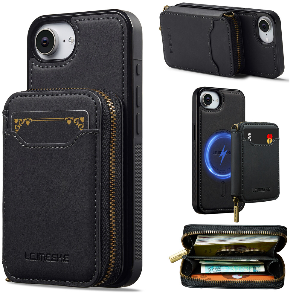 (Black) Lc.imeeke L6 For Iphone 17E / 16E Magnetic Case Detachable Zipper Wallet Leather Coated Pc + Tpu Phone Cover Black 6914291336325