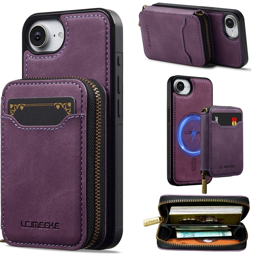 (Purple) Lc.imeeke L6 For Iphone 17E / 16E Magnetic Case Detachable Zipper Wallet Leather Coated Pc + Tpu Phone Cover Purple 6914299384489