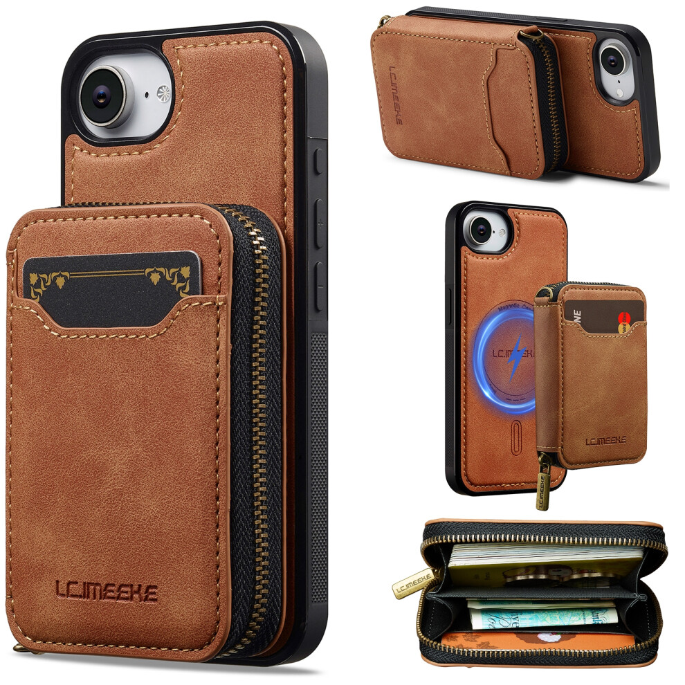 (Brown) Lc.imeeke L6 For Iphone 17E / 16E Magnetic Case Detachable Zipper Wallet Leather Coated Pc + Tpu Phone Cover Brown 6914299069645