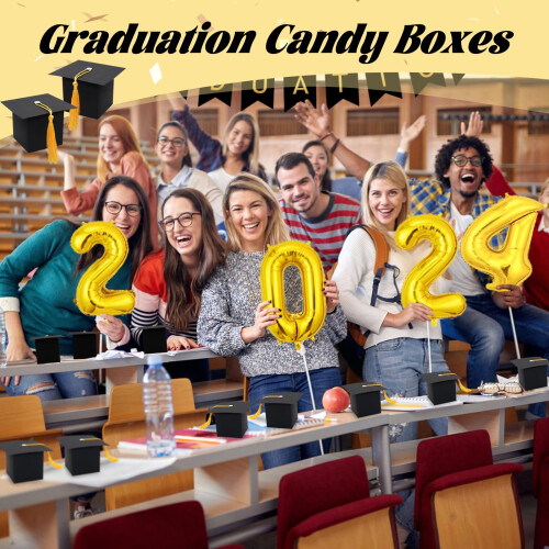 15pcs Graduation Hat Shaped Candy Box, Foldable Black Bachelor Hat 1