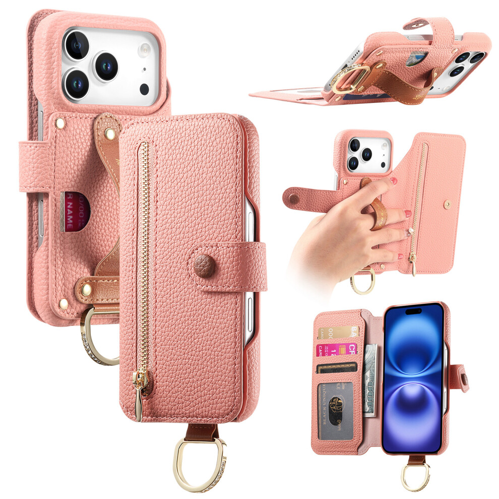 (Pink) For Iphone 17 Pro Max Case Rfid Blocking Zipper Wallet Pu Leather Mobile Cover Pink 6914293003423
