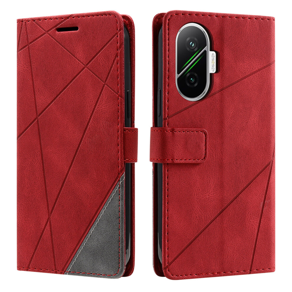 (Red) For Xiaomi Poco F7 5G / Mi Turbo 4 Pro 5G Case Imprinted Lines Pu Leather Splicing Wallet Phone Cover Red 6914292027925