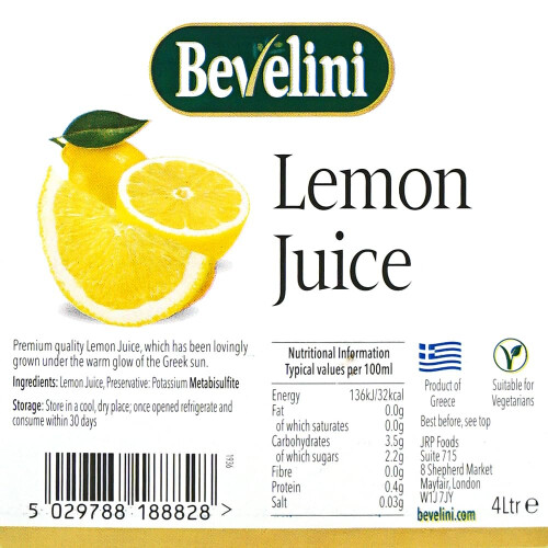 Bevelini Lemon Juice 4 Litre