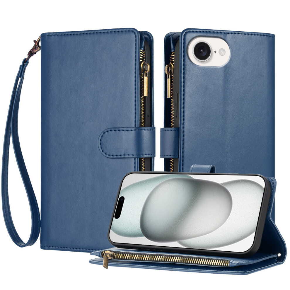 (Blue) For Iphone 17E / 16E Leather Case Zipper Wallet Stand Shockproof Phone Cover With Wrist Strap Blue 6914293920843