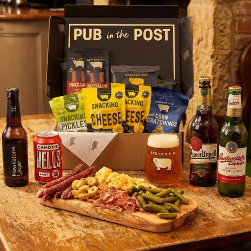 Serious Pig Beer Gift Set with 4 Lagers, 10 Pub Snacks, Glassware, 2