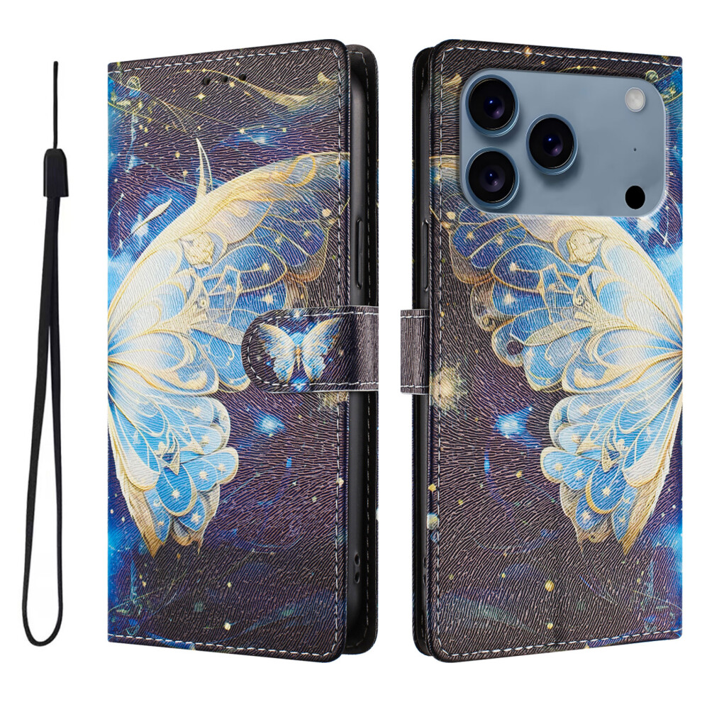 (Big Butterfly) For Iphone 17 Pro Case Pattern Print Pu Leather Wallet Phone Cover With Wrist Strap 6914297806051