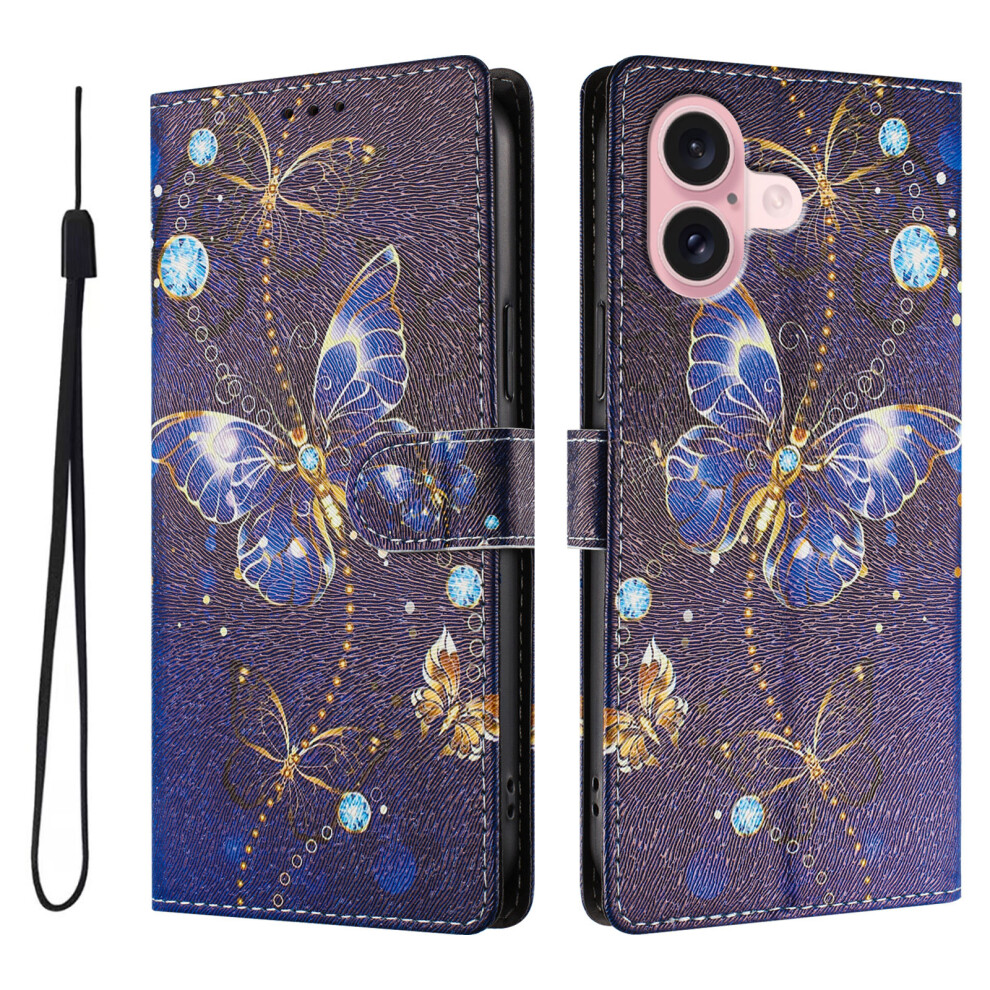 ( Butterfly) For Iphone 16 Case Pattern Print Pu Leather Wallet Phone Cover With Wrist Strap Blue 6914294074521