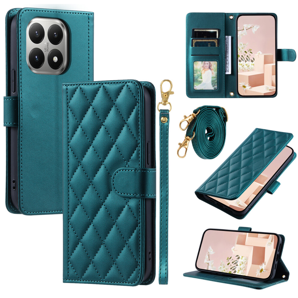 (Green) For Xiaomi 15T Case Wallet Rhombus Grid Pu Leather Phone Cover With Shoulder Strap / Wrist Strap Green 6914298538432