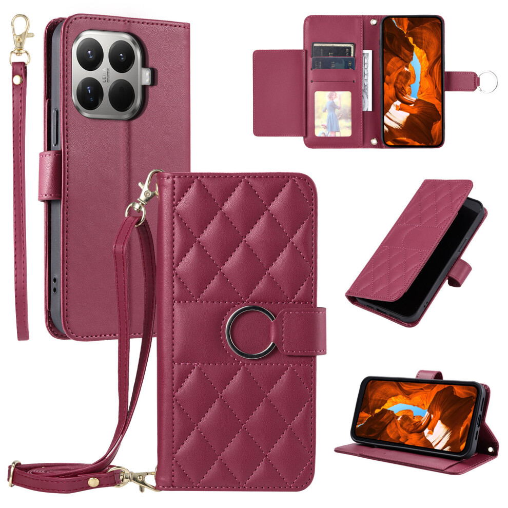 (Red) For Xiaomi 15T Pro Case Ring Buckle Wallet Stand Rhombus Crossbody Leather Mobile Cover Red 6914294859036