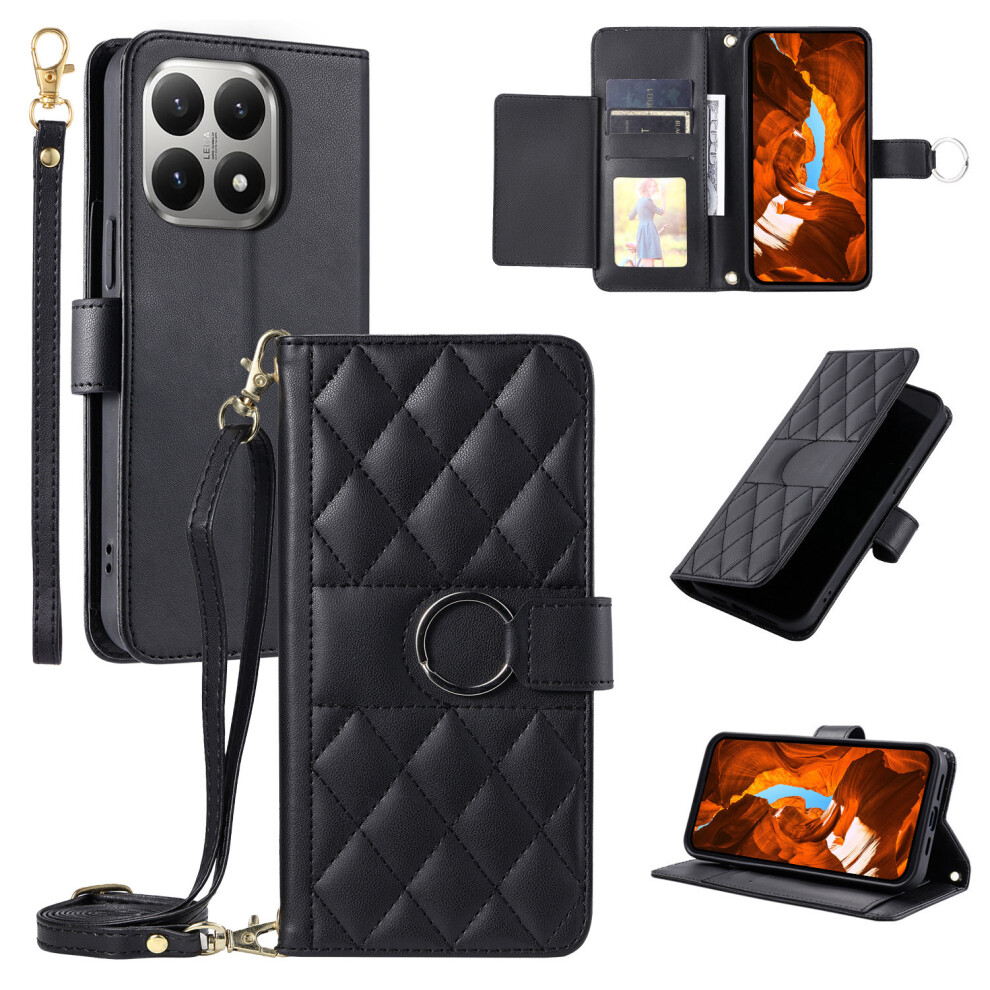 (Black) For Xiaomi 15T Case Ring Buckle Wallet Stand Rhombus Crossbody Leather Mobile Cover Black 6914295624428