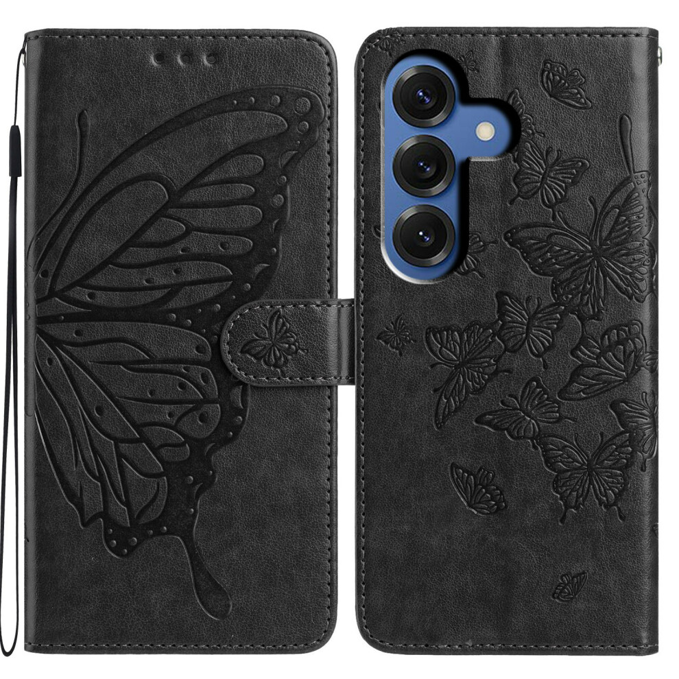 (Black) For Samsung Galaxy S26 Case Butterfly Imprinted Wallet Stand Pu Leather Flip Phone Cover With Strap Black 6914298226964