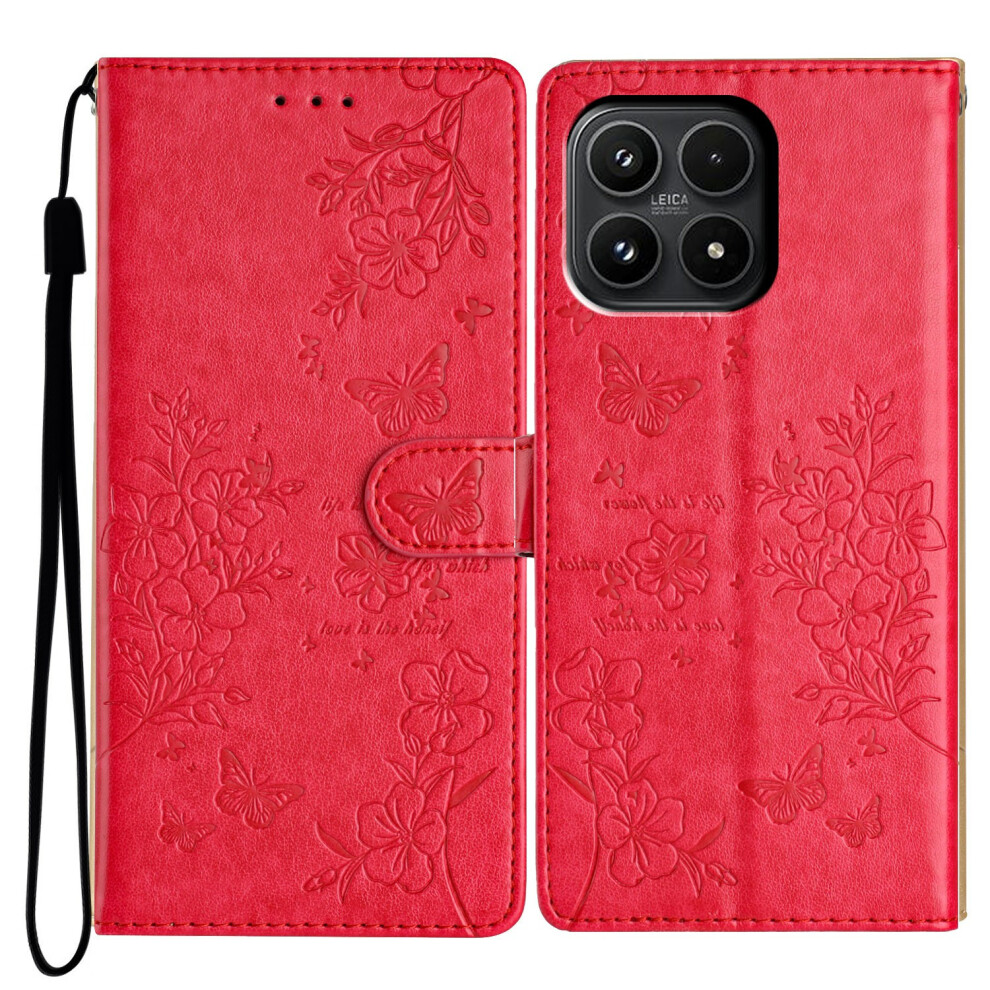 (Red) For Xiaomi 17 Wallet Phone Case Butterfly Floral Imprint Leather Flip Cover With Strap Red 6914297984261