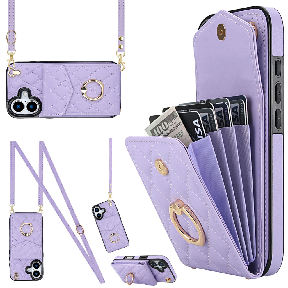 (Purple) For Iphone 17 Case Rfid Blocking Card Bag Leather + Tpu Crossbody Phone Cover With Ring Kickstand Purple 6914294261778
