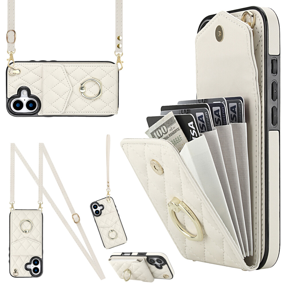 (Beige) For Iphone 17 Case Rfid Blocking Card Bag Leather + Tpu Crossbody Phone Cover With Ring Kickstand Cream 6914292895340