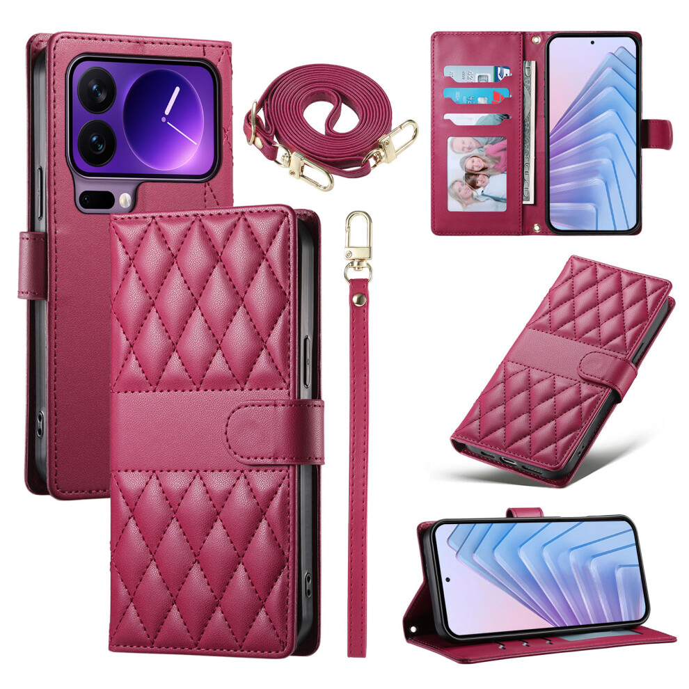 (Red) For Xiaomi 17 Pro Wallet Case Rhombus Stitching Stand Leather Phone Cover With Long / Short Strap Red 6914292070495