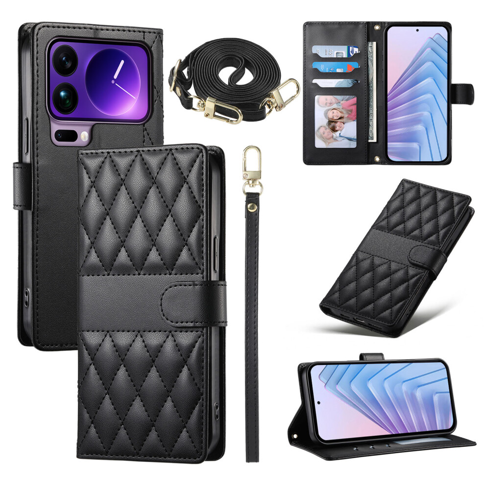 (Black) For Xiaomi 17 Pro Max Wallet Case Rhombus Stitching Stand Leather Phone Cover With Long / Short Strap Black 6914290016792