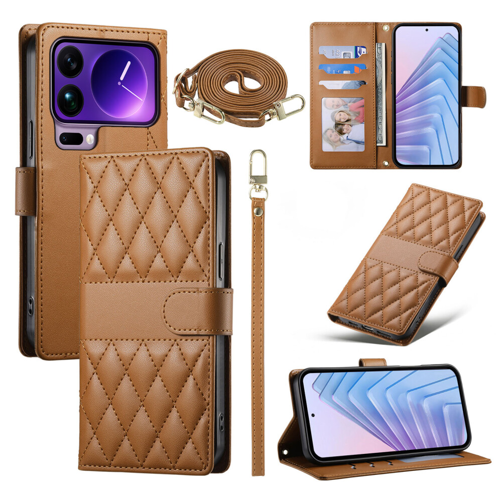 (Brown) For Xiaomi 17 Pro Max Wallet Case Rhombus Stitching Stand Leather Phone Cover With Long / Short Strap Brown 6914298391563