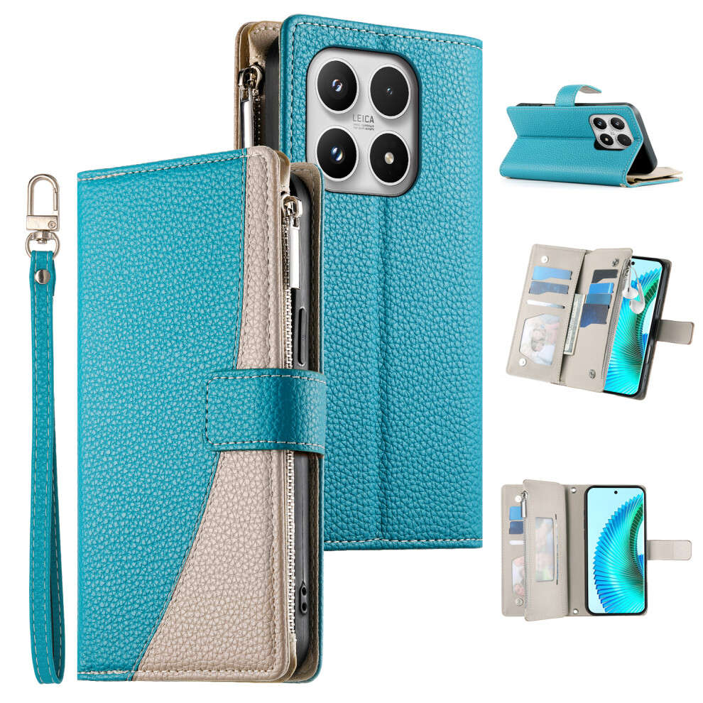 (Lake ) For Xiaomi 17 Case Zipper Wallet Color Splicing Leather Flip Phone Cover With Straps Blue 6914296743418