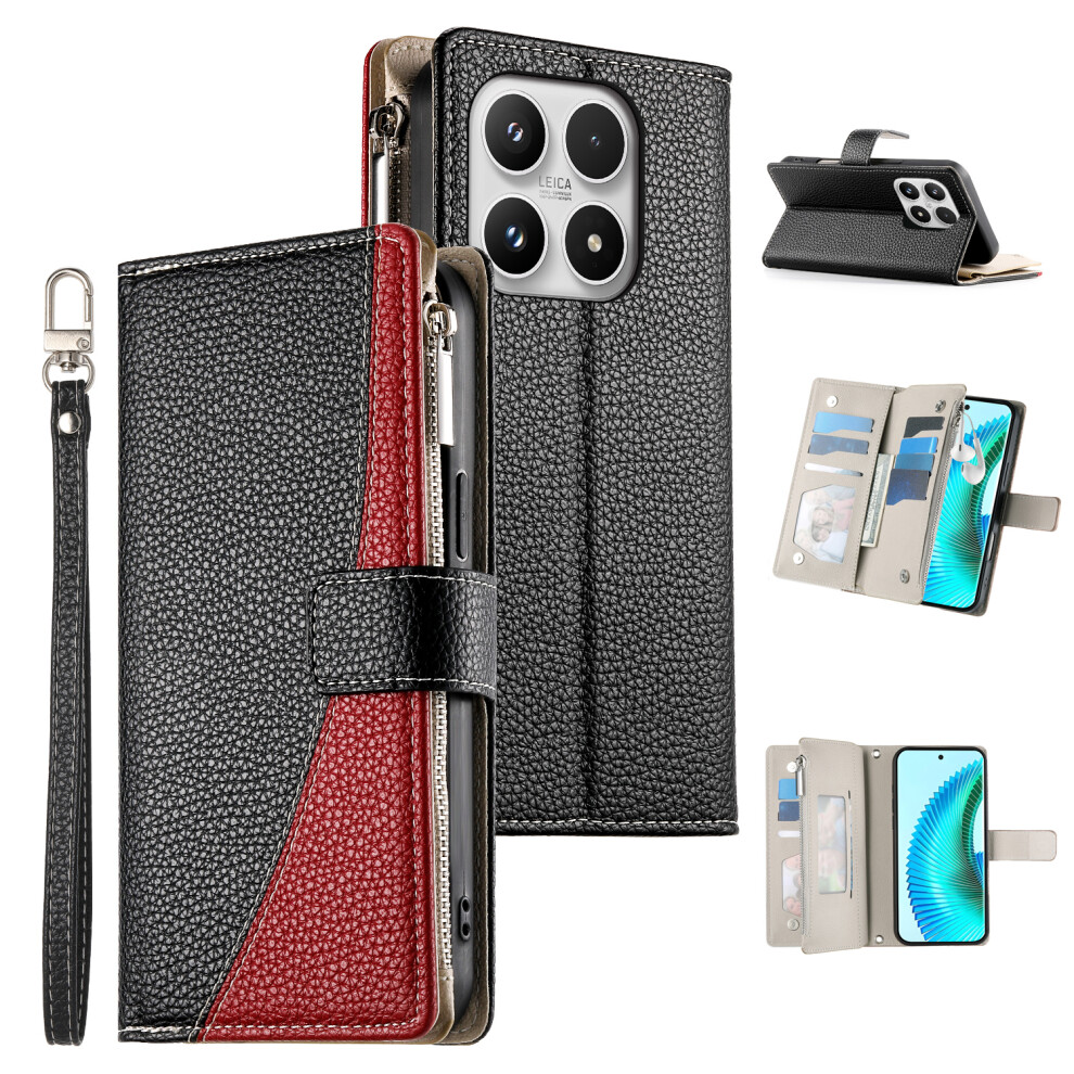 (Black) For Xiaomi 17 Case Zipper Wallet Color Splicing Leather Flip Phone Cover With Straps Black 6914294353534
