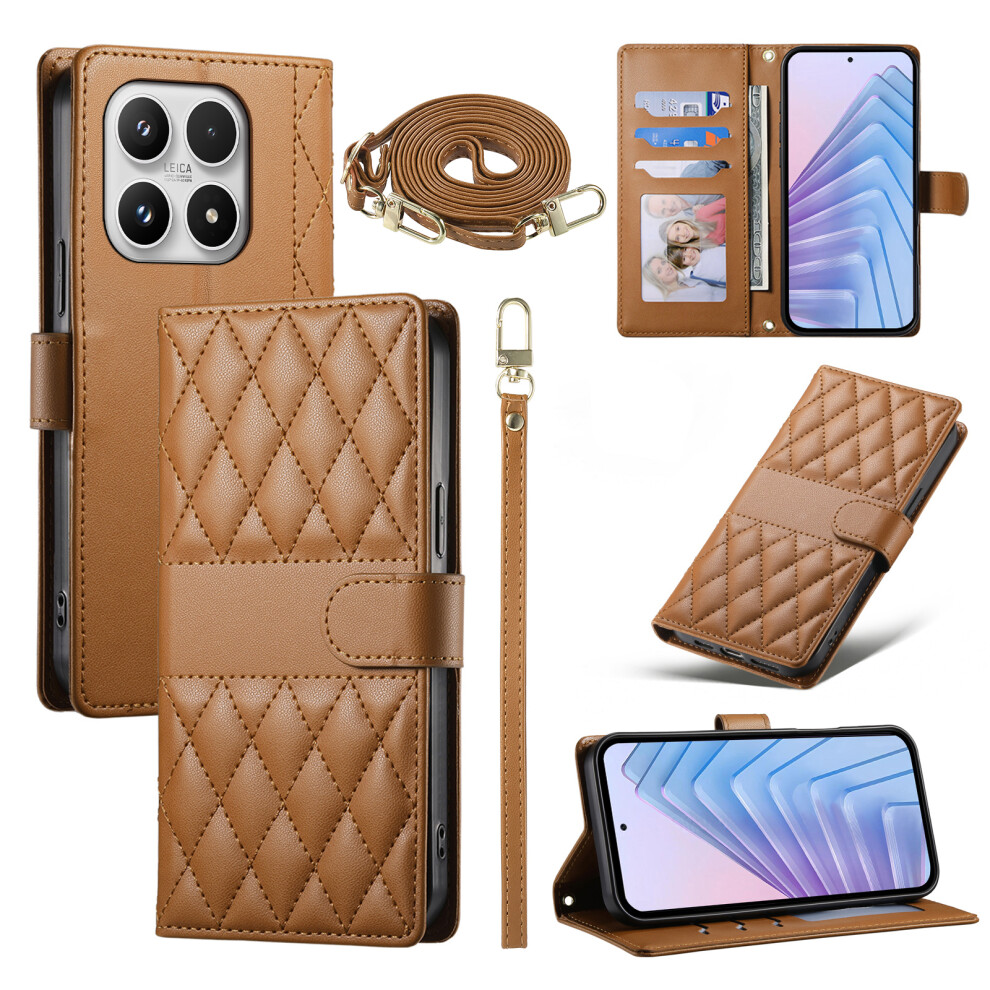 (Brown) For Xiaomi 17 Wallet Case Rhombus Stitching Stand Leather Phone Cover With Long / Short Strap Brown 6914297476766