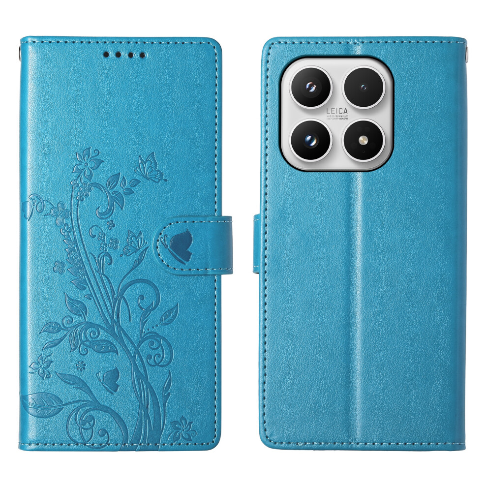 (Blue) For Xiaomi 17 Wallet Case Butterfly Floral Imprint Pu Leather Phone Cover With Wrist Strap Blue 6914299267843