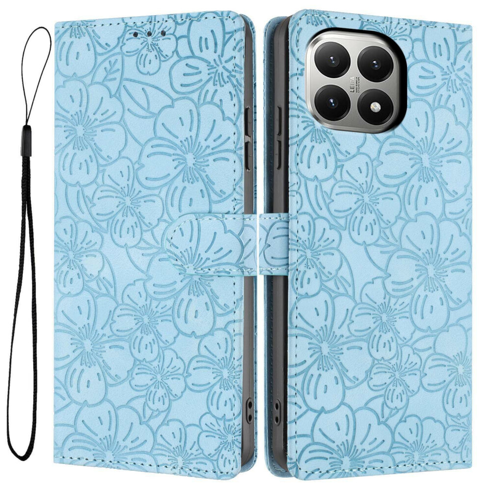 (Sky Blue) For Xiaomi 15T Flip Case Cherry Blossom Pattern Leather Wallet Stand Phone Cover With Wrist Strap Blue,Red 6914293142955