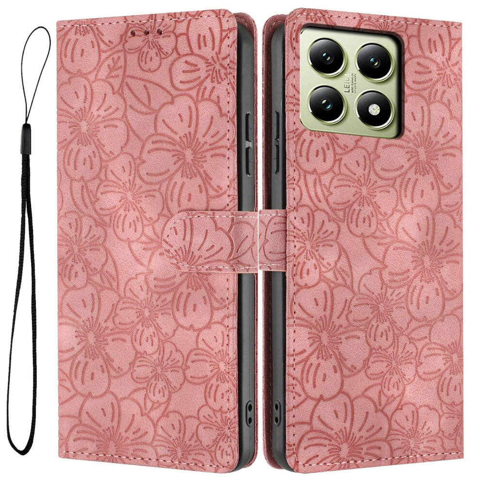 (Pink) For Xiaomi 14T Flip Case Cherry Blossom Pattern Leather Wallet Stand Phone Cover With Wrist Strap Pink,Red 6914294322851