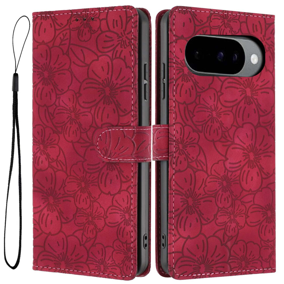 (Wine ) Flip Case For Google Pixel 10 Pro / Pixel 10 / Pixel 9 Pro / Pixel 9 Leather Phone Cover Cherry Blossom Pattern Wa Red 6914293948403