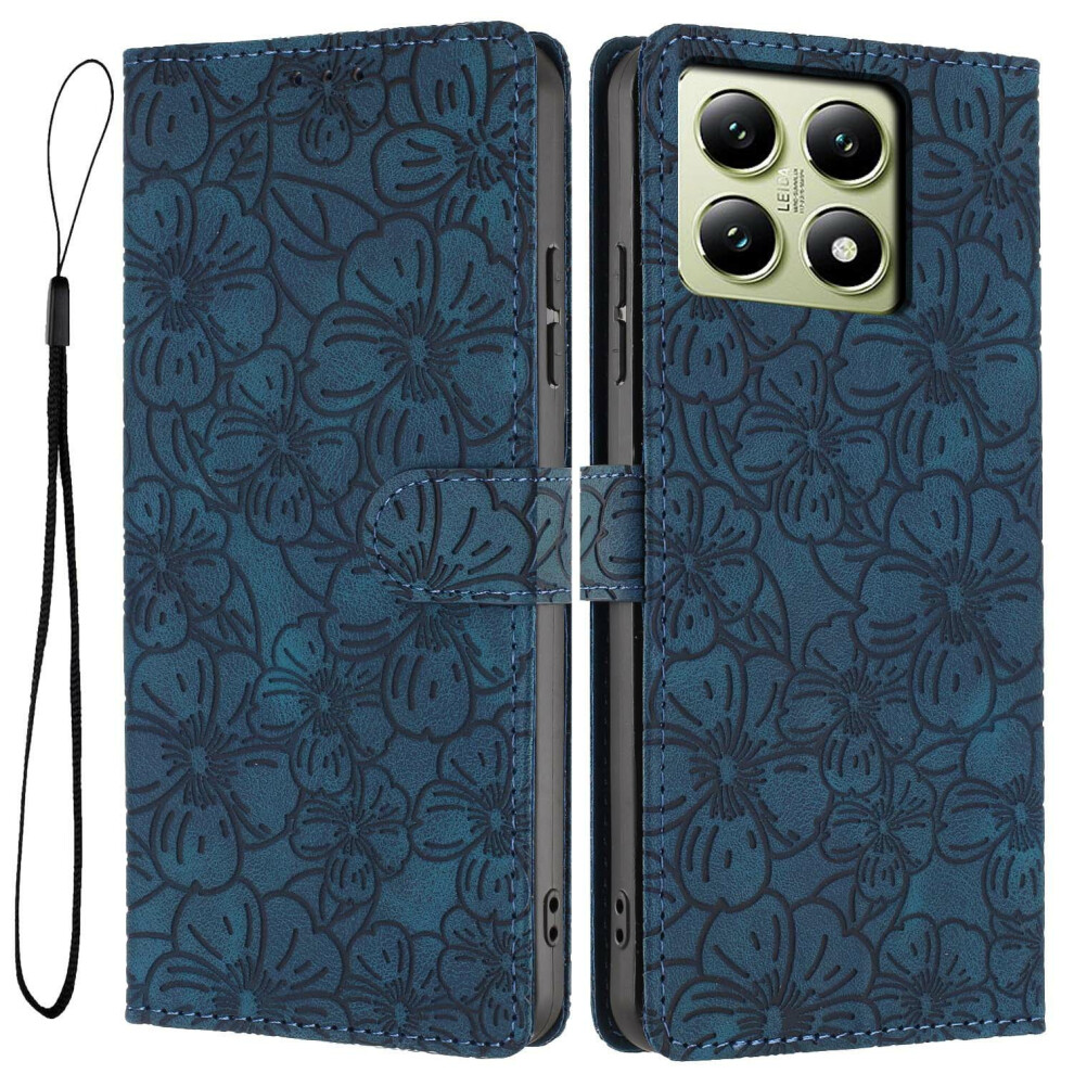 (Blue) For Xiaomi 14T Flip Case Cherry Blossom Pattern Leather Wallet Stand Phone Cover With Wrist Strap Blue,Red 6914291204839