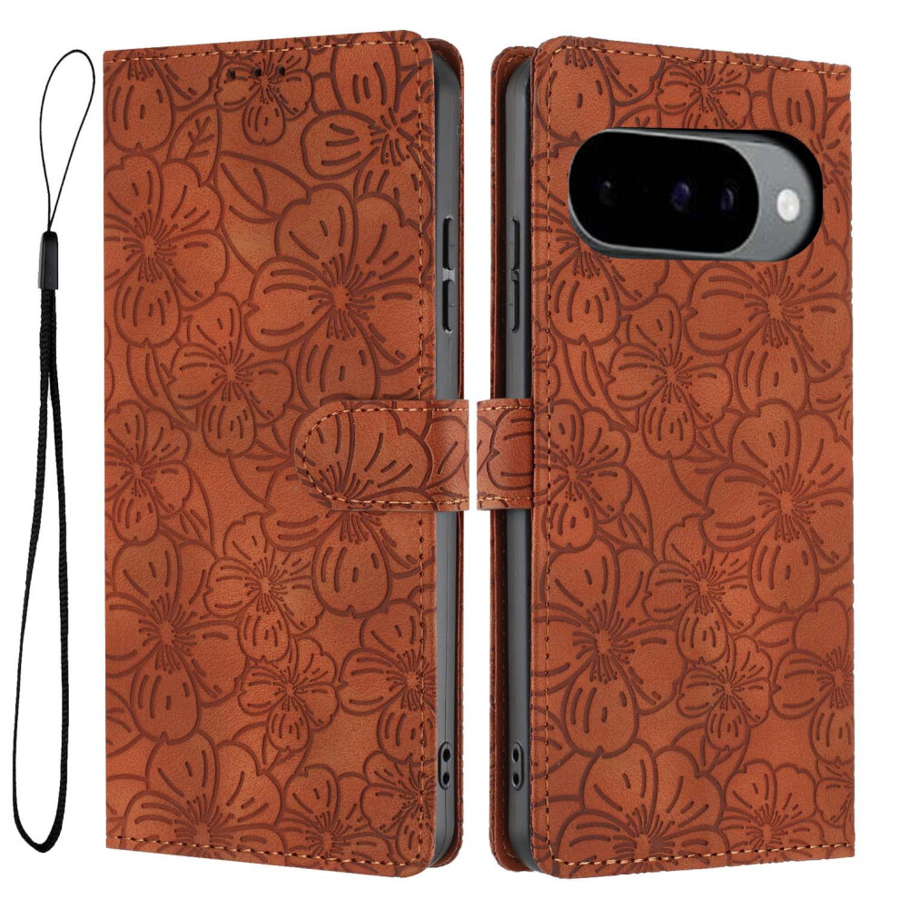 (Brown) Flip Case For Google Pixel 10 Pro / Pixel 10 / Pixel 9 Pro / Pixel 9 Leather Phone Cover Cherry Blossom Pattern Wa Red,Brown 6914294577671