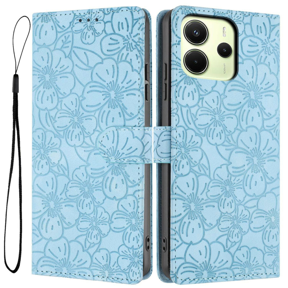 (Sky Blue) For Xiaomi Redmi Note 14 4G (164.84Mm) Flip Case Cherry Blossom Pattern Leather Wallet Stand Phone Cover With Wrist Stra Blue,Red 6914290476824
