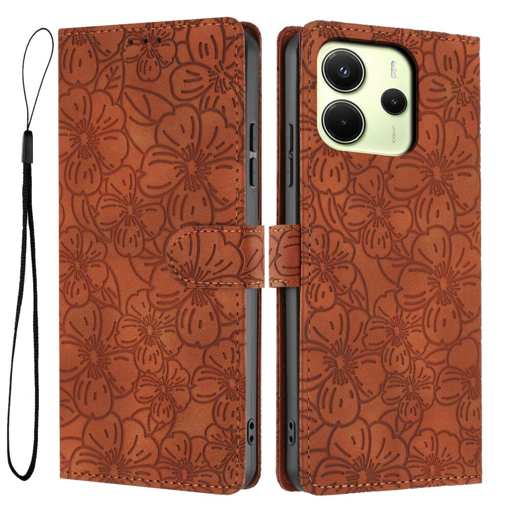 (Brown) For Xiaomi Redmi Note 14 4G (164.84Mm) Flip Case Cherry Blossom Pattern Leather Wallet Stand Phone Cover With Wrist Stra Red,Brown 6914291054243