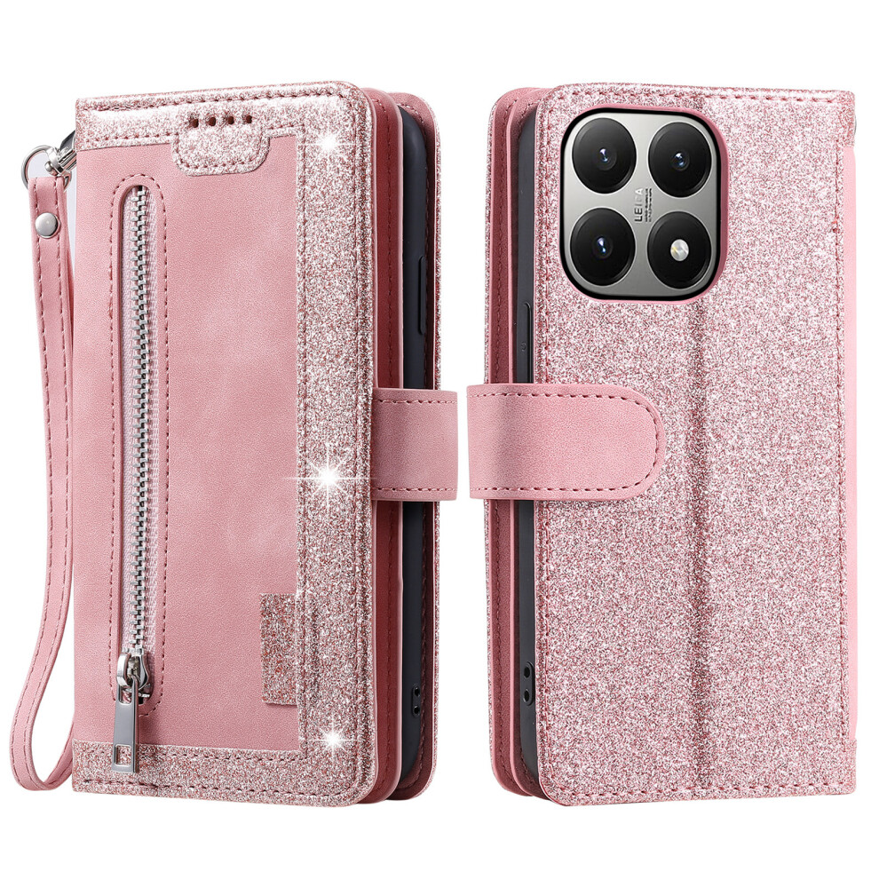 (Rose ) For Xiaomi 15T Case 9 Card Slots Zipper Wallet Pu Leather Phone Cover With Wrist Strap Gold 6914291640507