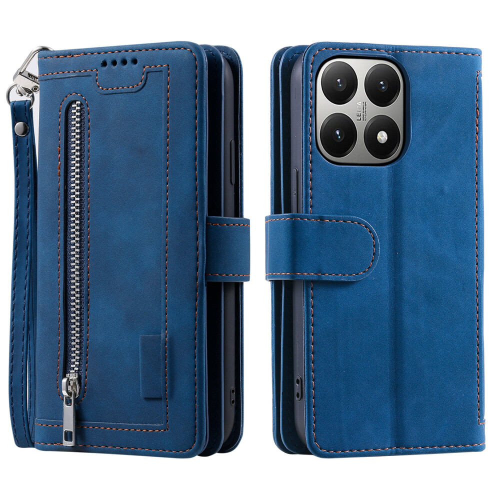 (Blue) For Xiaomi 15T Case 9 Card Slots Zipper Wallet Pu Leather Phone Cover With Wrist Strap Blue 6914298329603