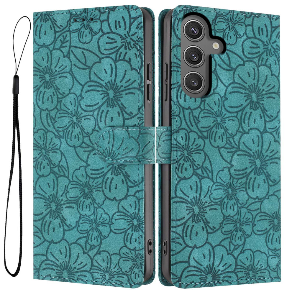 (Green) For Samsung Galaxy S24 Case Cherry Blossom Pattern Leather Wallet Stand Phone Cover With Wrist Strap Green,Red 6914299517702