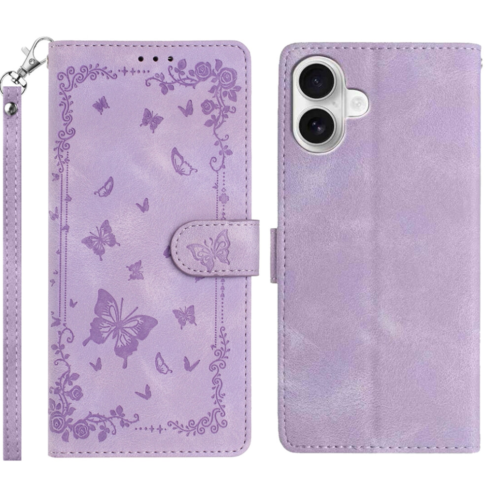 (Purple) For Iphone 17 Case Garden Imprinted Pu Leather Wallet Phone Cover With Wrist Strap Purple 6914298937464