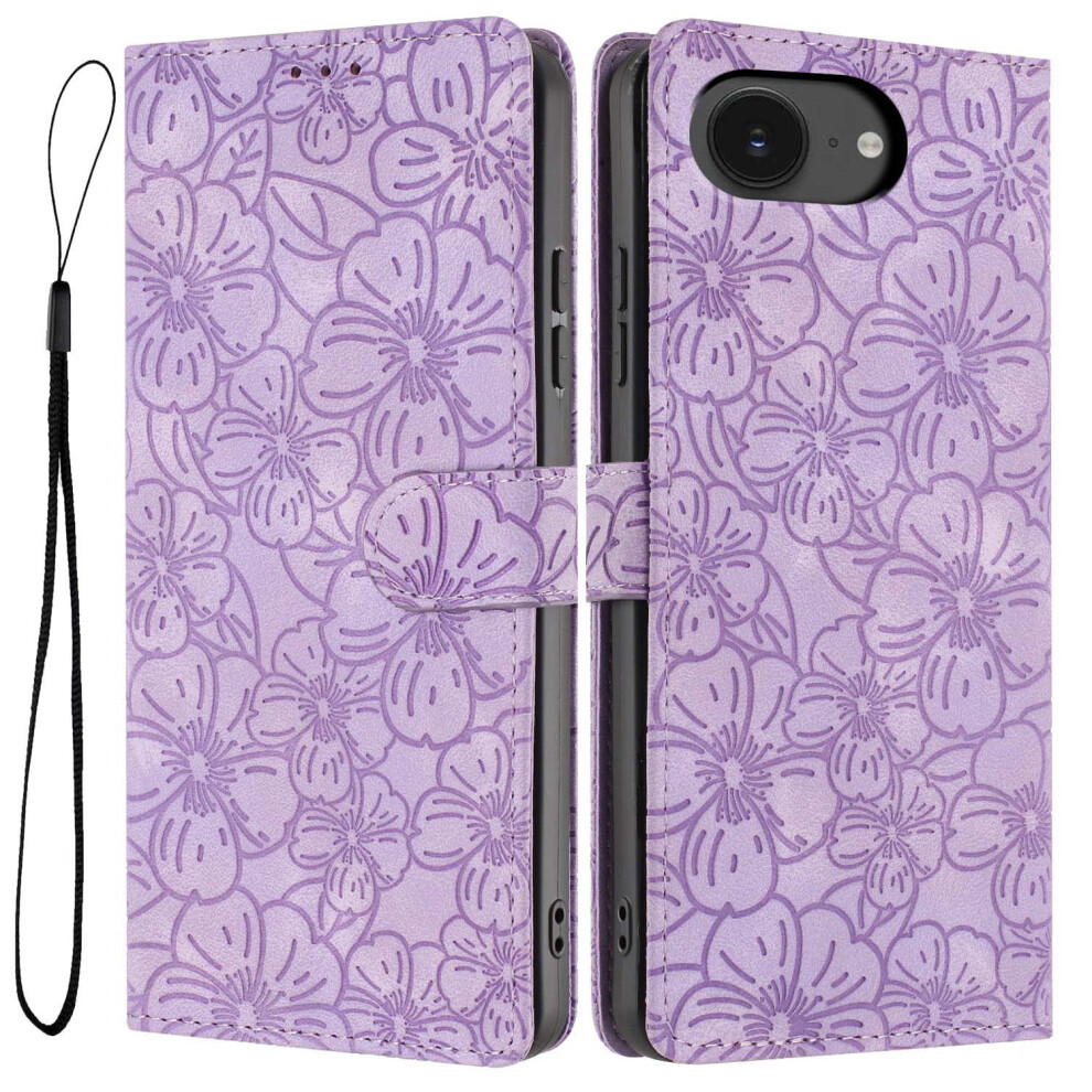 (Purple) For Iphone 17E / 16E Flip Case Cherry Blossom Pattern Leather Wallet Stand Phone Cover With Wrist Strap Red,Purple 6914293433688