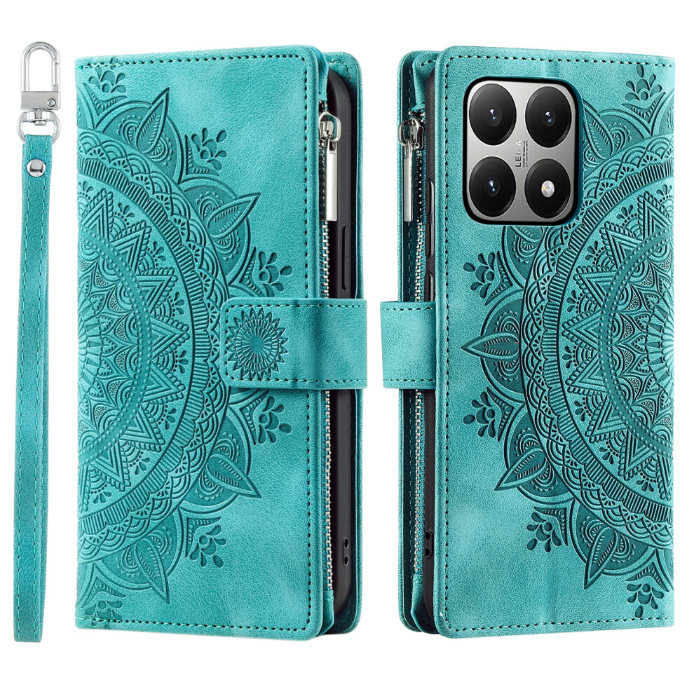 (Mint ) For Xiaomi 15T Wallet Case Mandala Flower Pattern Pu Leather Phone Cover With Wrist Strap Green 6914292922817