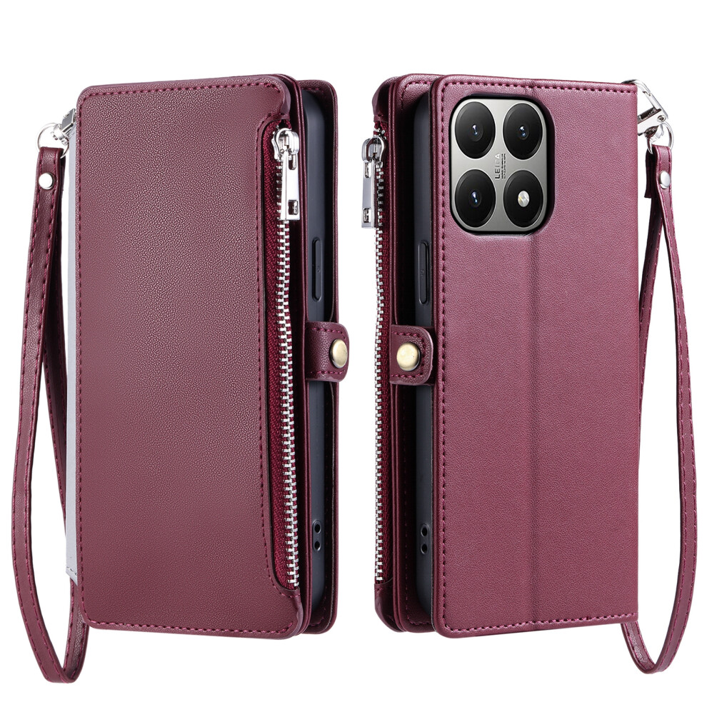 (Wine ) For Xiaomi 15T Case Tpu + Pu Leather Wallet Phone Cover With Wrist Strap Red 6914292997457