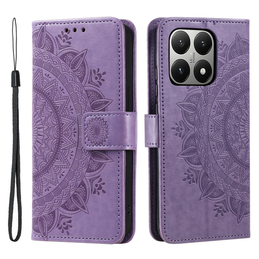 (Purple) For Xiaomi 15T Stand Case Imprinted Totem Pu Leather Wallet Phone Cover With Wrist Strap Purple 6914291717858