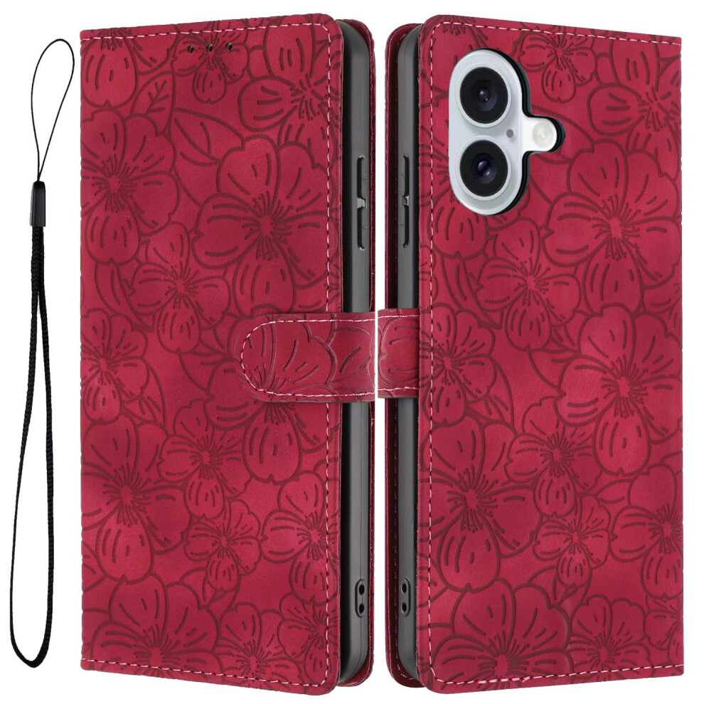 (Wine ) For Iphone 16 Flip Case Cherry Blossom Pattern Leather Wallet Stand Phone Cover With Wrist Strap Red 6914295597562